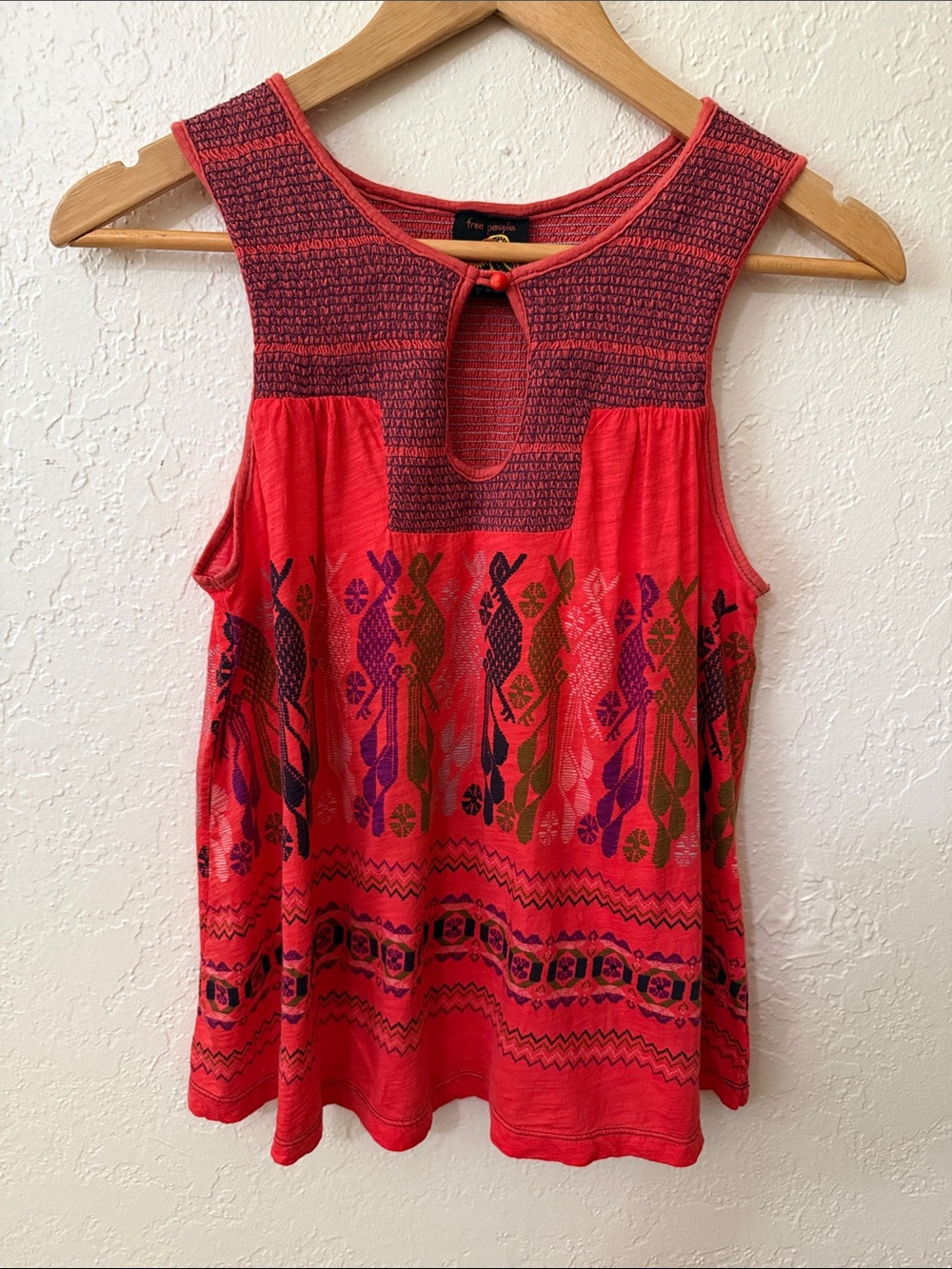 Vintage Free People Folkloric Tank Top Smocked Babydoll Bird Tag Coral Red XS